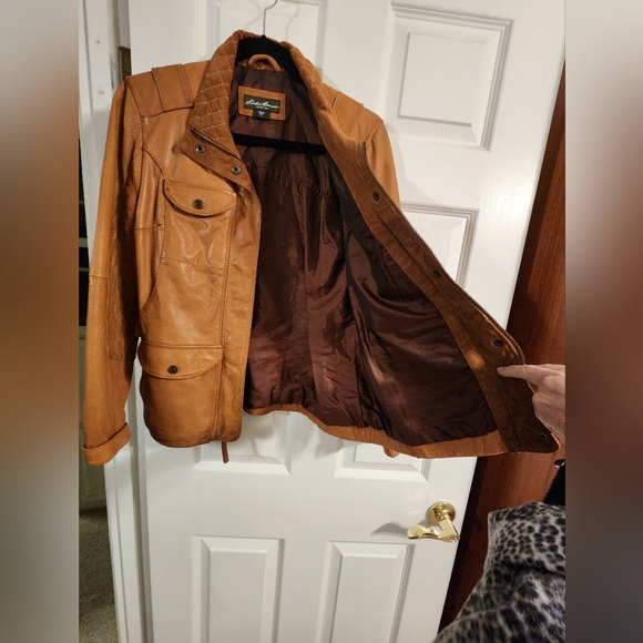 Eddie Bauer Cognac Camel Quilted Leather Jacket M Vintage Genuine Leather - Picture 5 of 13